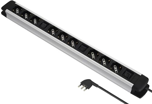 Electraline 61900, Multipresa Alu-Line 9 Posti Polivalenti (Schuko+10/16A) e 3 Interruttori Luminosi (3 Prese per Interruttore), 2M, con Corpo in Alluminio, Argento/Nero