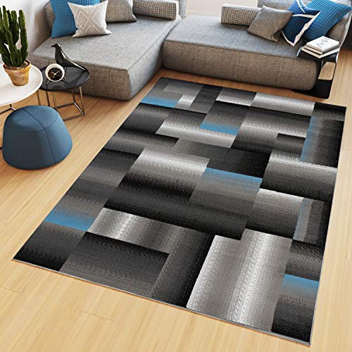 TAPISO Maya Teppich Kurzflor Modern Vierecke Streifen Design Schwarz Grau Blau Weiß Meliert Verwischt Wohnzimmer Schlafzimmer ÖKOTEX 130 x 190 cm