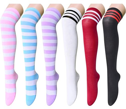 sockfun Randiga lårhöga strumpor knähöga strumpor för kvinnor flickor, långa strumpor över knästrumpor, 4 par ljusa färger 2 par klassiska färger, Medium