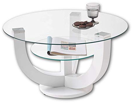 Stella Trading DENVER Glas Couchtisch rund in Hochglanz weiß - stylisher Glastisch mit Ablage & geschwungenem Gestell für Ihren Wohnbereich - 80 x 40 x 80 cm (B/H/T)