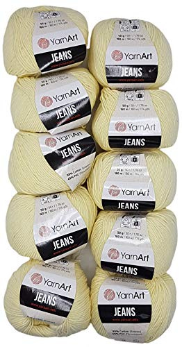Ilkadim 10 x 50g Strickwolle YarnArt Jeans einfarbig mit 55% Baumwolle, 500 Gramm Wolle Uni (vanille 86)