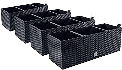 PAFEN 4X Blumenkasten Blumentopf Rattan-Optik - 60 x 25 x 24 cm - Pflanztopf Bewässerungssystem Balkonkasten Pflanzkästen, Anthrazit