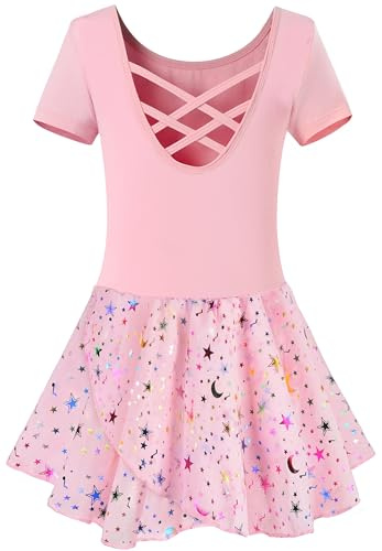 Mulnall Girls Ballet Leotards Dance Tutu Skirt Toddlers Dance Training Wear Dress Criss Cross Straps Back Shiny Sequin（UK40401-08-L）