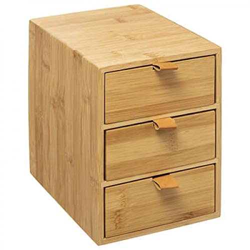 MF Schreibtisch Büro Organizer JOGGY 3 Schubladen Box mit Kunstlederlasche Schmuckkasten Schmuckbox Schubladenbox aus 100% Bambus Holz