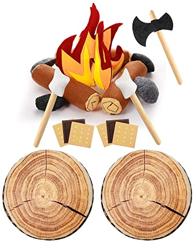 Civaner Pretend Campfire Toys Set for Adults with 2 Log Pillows 2 Plush Fake Fire and Smores Kit, 20 Pcs Felt Soft Safe Camping Play Set Sensory Play for Picnic Home Birthday Party Decorations