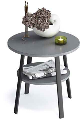 Stardis Sidobord, rund stabil metallram/trä, Ø 43 x H 44 cm, 2 hyllor, nattduksbord, soffbord för vardagsrum, sovrum, grått