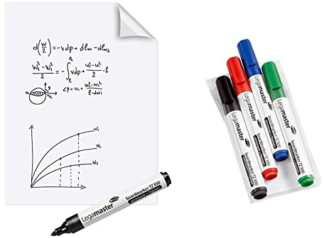 Legamaster Magic-Chart Whiteboard Folie -weiß - 80x60cm - inkl. 1 Boardmarker - 25 Folienblätter auf einer Rolle & 7-110594 Boardmarker TZ 100, 4er Set, je 1 Marker in schwarz, rot, blau und grün