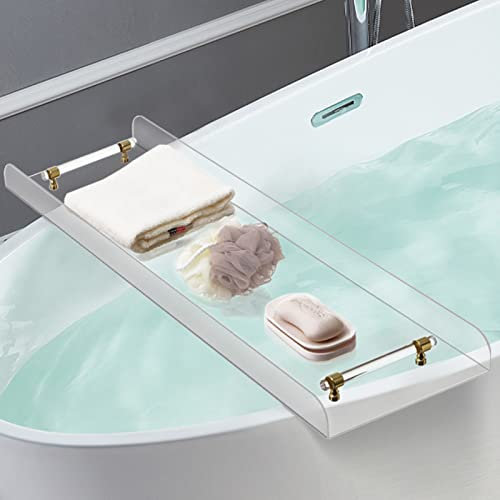 Badewannentablett, Bade- und Betttablett for 1 oder 2 Personen, luxuriöses Badewannen-Caddy-Tablett, klares Acryl-Badewannen-Caddy-Tablett mit goldenen Griffen, Zubehör for Badewannentisch, Caddy-Tabl