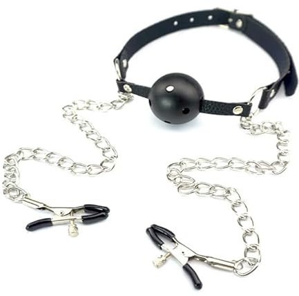 SM Gag with Chain Mouth Gag with Nipple Clamps Adjustable Ball Gag Bondage Flirting Game Fetish Sex Erotic Sex Toy Extreme Mouth Open Gag