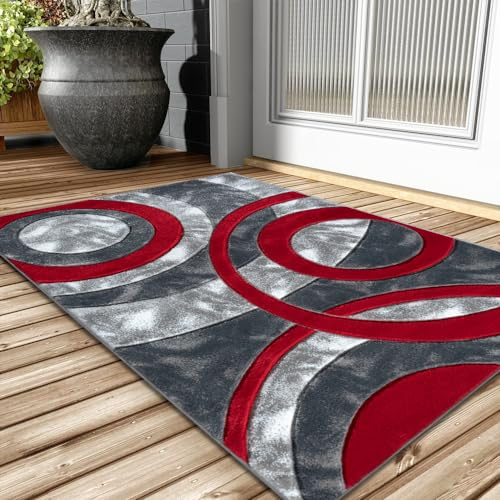 PHP Door mats and rugs for Indoor Use, Super Soft Dense Pile Non Shed Circle Design Shaggy Small Rug Runner for Bedroom Living Room Kitchen - 50 x 80 cm, Red