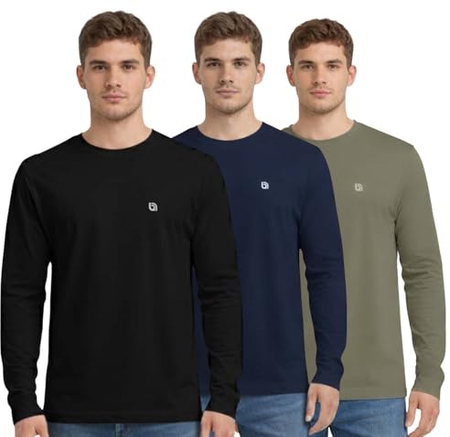 Bahob 3-pack långärmad t-shirt för män, rund hals, bekväma toppar i mjuk bomull, storlek S–3XL