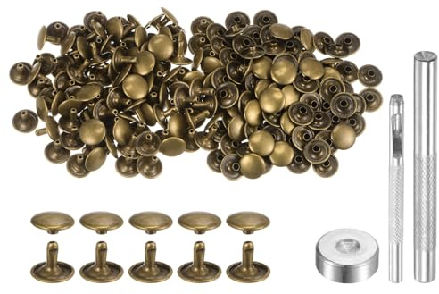 QUARKZMAN 100 Ensembles de Rivets en Cuir Attaches à Double Capuchon | en Métal, Couleur Bronze, 10 x 12 mm, Attaches Pression, avec 3 Outils de Pose, pour Projets d'Artisanat en Cuir
