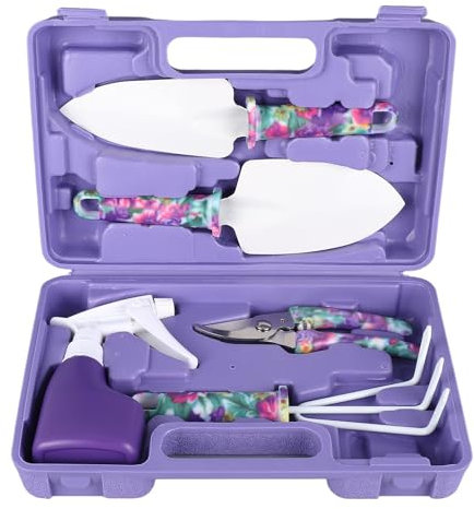 Juego De Herramientas De Jardín, Kit De Herramientas Manuales De Jardinería De 5 Piezas Con Estuche De Transporte Herramientas De Jardinería Con Estampado Floral Morado Con Cultivador, Rastrillo, Pala