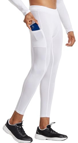 Ruowuhen Kompressionshose Herren Laufhose Lang Atmungsaktive Sport Leggings Trainingshose Running Tights mit Taschen Weiß L