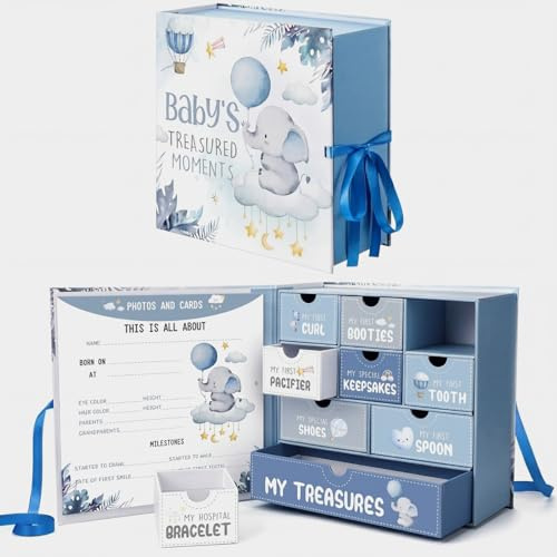 Beeveer Baby Keepsake Box Newborn Memory Organizer with 9 Labeled Compartments First Keepsake Book Gift Box for Pregnancy Mothers Day Baby Shower New Maternity(Blue,Blue Elephant)