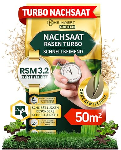 Heimwert Rasensamen schnellkeimend Turbo Nachsaat Grassamen schnellkeimend nach original RSM 3.2 Empfehlung aus hochwertigster Gräser Mischung - 1kg Sport und Spiel Rasen für 50 m2 - Made in Germany