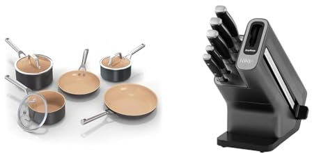 Ninja Extended Life 5-Piece Ceramic Cookware Set (20 & 24cm Frying Pans + 16, 18 & 20cm Saucepans & 5-Piece Foodi StaySharp Knife Set with Integrated Sharpener)