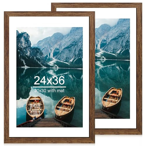 Hongkee 24x36 Poster Frame Set of 2, Rustic Brown Wood Style - Display 20x30 Picture with Mat or 24 x 36 Poster without Mat, Wall Mounting Horizontal and Vertical