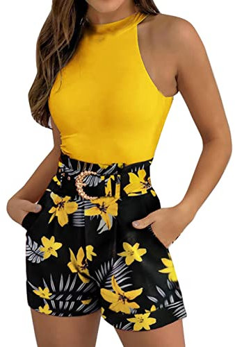 Casual Fashion Set Damen Shorts Set Ärmelloses Weste Top Shorts Zweiteiliges Set Blumendruck Basic Tank Top & Shorts Set mit Gürtel Spitzentop Damen Sexy Damen Hausanzug Fleece1