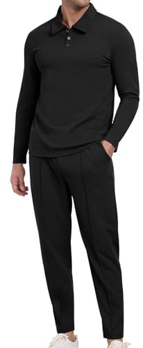 KUYIGO Men's Tracksuits Polo 2 Piece Outfits Long Sleeve Pullover Tracksuit Set Sweatshirt and Joggers Waffle Tops Bottoms Casual Sport Activewear Golf Suit