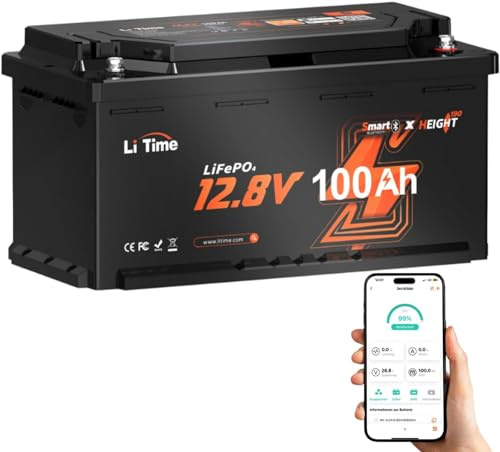 LiTime LiFePO4 12V 100Ah H190 Batterie Bluetooth für Wohnmobil und Boot | DIN H8/L5, 100A BMS, 4000+ Tiefzyklen, Untertemperaturschutz, Schutzklasse IP65, 1280Wh, für, Off-Grid, RV, Camping