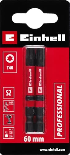 Original Einhell Impact-Bits mit Doppel-Torsion, 2-tlg., 60 mm, T40 (S2-Stahl, hohe Langlebigkeit, doppelter Torsionseffekt, roter Farbring, E 6.3 Schaft)