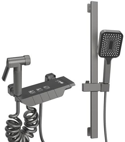 WRMING Duchas de Baño Columna con Teleducha, Gris Columna de Ducha con Grifo, Barra Ducha Regulable en Altura 60cm, Sistema Completo y Teleducha 3 Modos, Manguera 1.5m y Soporte Acero Inoxidable