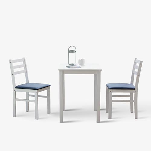 Livinia Seattle 3-Piece Wooden Dining Table Set for 2, Modern Farmhouse Kitchen Dining Room Set with Solid Wood Ladder Back Chairs for Small Space (White)