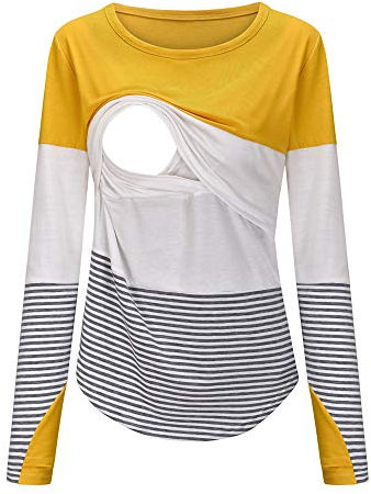 Morydal Women's Long Sleeve Nursing Tops Pregnancy Maternity Striped Breastfeeding T-Shirt Tunic Tee Top Blouse Yellow S