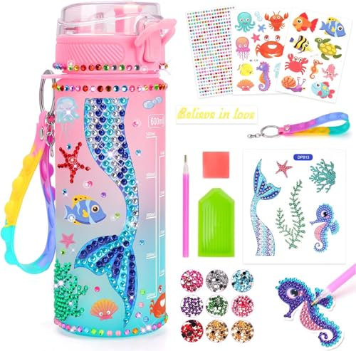 Sjöjungfrupresent för flickor 5, 6, 7, 8, 9, 10 år, pysselset för barn, 6, 8, 10, 11 år, vattenflaska, gör-det-själv, hantverk, målning