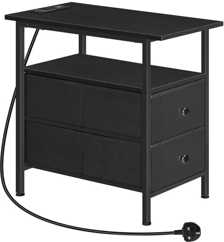 HOOBRO Narrow Bedside Table with Charging Station, with 2 Non-Woven Drawers, Slim Side Table with Power Outlets for Small Spaces, Living Room, Black EBB486KBZ01