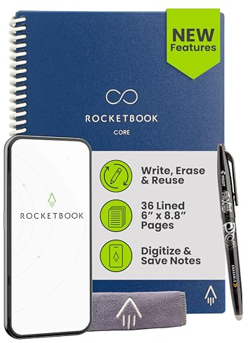 Rocketbook New Core wiederverwendbares Spiralnotizbuch, Executive-Größe, 15,2 x 22,4 cm, Marineblau – linierte Seiten, App-verbunden, löschbar, robuster Einband, ideal für Schule, Arbeit und kreative