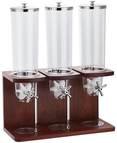 Countertop Cereal Dispenser 3.5L/7L/10.5L Dry Food Dispensers Snack Organizer Storage Containers with PC Barrel and Wood Base for Candy, Nuts, Rice, Granola, Triple