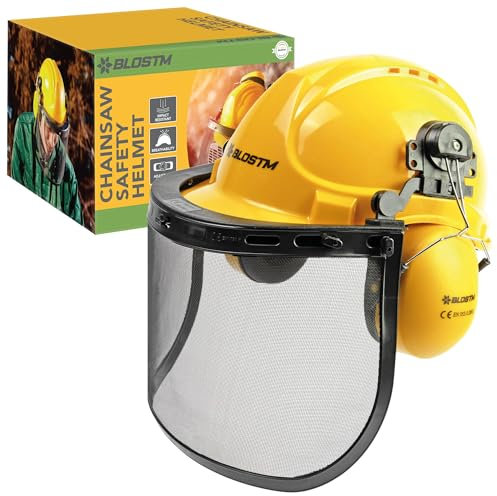 BLOSTM Casco di sicurezza per motosega con visiera, con visiera di sicurezza, paraorecchie e visiera in rete di acciaio, colore: giallo