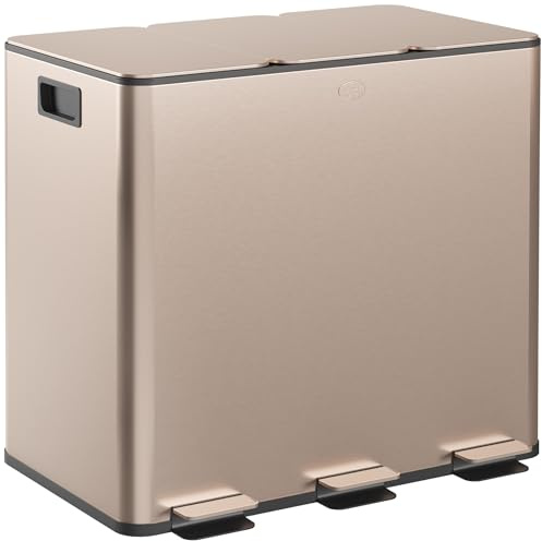 HOMCOM Triple poubelle de cuisine, 3 x 15L poubelle à pédale, poubelle en acier inoxydable avec couvercle à fermeture douce, seaux intérieurs amovibles, résistant aux empreintes digitales pour le