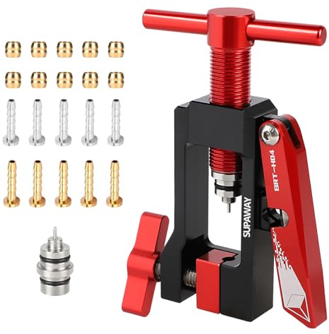 Supaway Tubo hidráulico de Bicicleta Accesorio de inserción de Aguja Conductor Herramienta con Cortador de Manguera hidráulica - Cortatubos e insertador de Agujas 2-en-1 (Rojo)