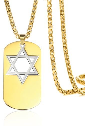 VASSAGO Collier en acier inoxydable avec pendentif étoile de David pour homme 2 couleurs, Adjustable, Acier inoxydable (Étoile de David en argent sur carré en or)