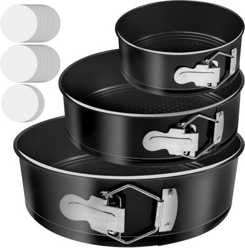 Gatphy 3 mini moldes redondos de 22 cm, 18 cm, 12 cm, pequeños moldes redondos con 50 papel de horno, molde pequeño, antiadherente, acero al carbono, calentamiento uniforme para hornear pasteles