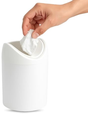 TECHZOCO Papelera de mesa con tapa abatible, Mini Basurero de Mesa, Cubo de Basura para Escritorio, Papelera Escritorio de Oficina, 17.5 cm de altura, Plástico, 1.4 Litros, Blanco