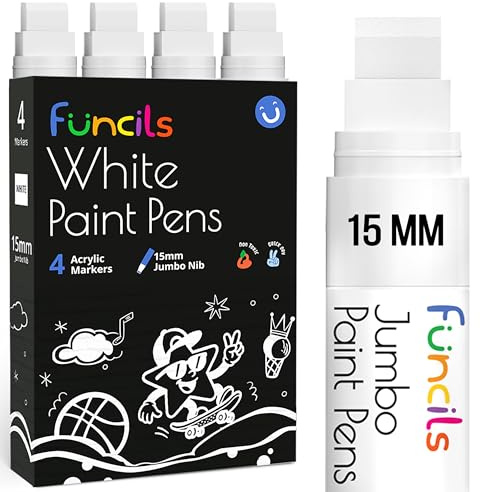 Funcils 4 Jumbo Acrylstifte Weiß– 15mm Spitze, Lackstift Weiß, Permanent Marker Weiss, Acrylmarker, Textilstift, Möbelmarker für Holz, Stein, Glas, Metall, Wände, Poster, Tafel