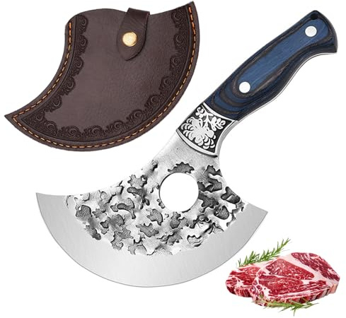 Doklasu Japanese Chef Knife 4 inch Hand Forged Ulu Style Kitchen Knives Full Tang High Carbon Steel 5Cr15MoV Home and Outdoor Cooking Knife with Blue Coloured Wooden Handle and Sheath