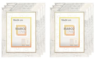 MARCOFOTO Set de 6 Marcos de Fotos - Marco Para Cuadros - Marco de Fotos - Marco Foto - Marcos Cuadros - Marcos Fotos Pared con Cristal - Marco Fotos - Marcos Madera MDF Marmol Blanco - 18X24