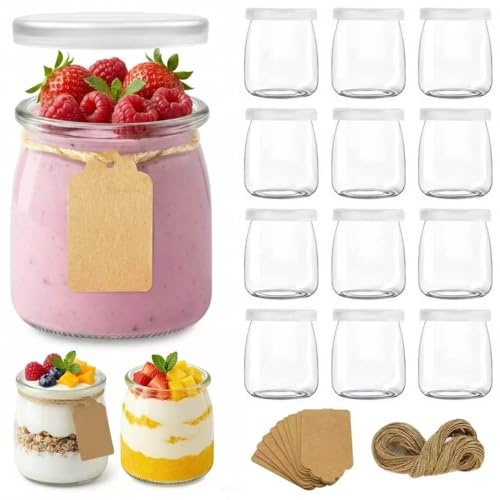 Hbazzor vasetti per yogurt in vetro da 200ml con coperchio - 12 pezzi piccoli vasetti in vetro trasparente con coperchio per pudding, dessert, yogurt fatto in casa, senza BPA