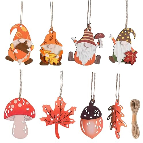 GOEDCH - 48 pezzi decorazione autunnale da appendere con corda, in legno, per festa del Ringraziamento e finestra, decorazione in legno, con gnomo nano, fungo, foglia d'acero