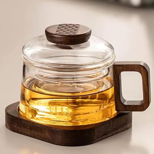 JanYoo Glass Tea Cup with Infuser and Lid, 200ml Tea Mugs with Handle Wood Saucer for Flower Leaf Tea Coffee at Home and Office(Clear)