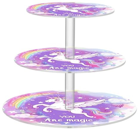 Joitme Tea Party Cupcake Stand 3 Tier Round Cute Unicorn Rainbow Cloud Acrylic Cupcake Tower Display Birthday Tea Party Decor Serving Tray Food Holder Decorations