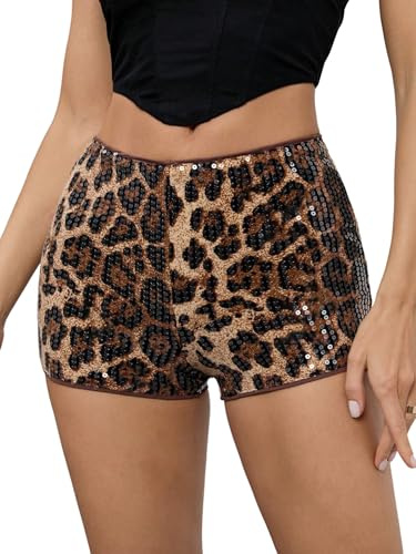 SOLY HUX Shorts Damen Elegant Minishorts Leo Print Partyshorts mit Pailletten Hohe Elastischer Taille Clubwear Rave Festival Outfit Leoparden XL