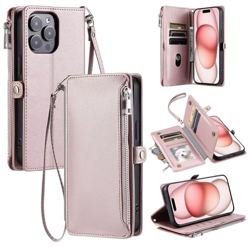 WOWUDI Funda para Moto G22,Billetera de Cuero PU con Ranuras para Tarjetas,Bolsillo con Cremallera,Correa de Muñeca y Bandolera, Funda Protectora -Rosa