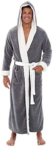 Generisch Peignoir pour homme en éponge avec capuche Robe de bain absorbante Sauna classique Manches longues avec passants de ceinture et poches plaquées Peignoir en éponge long et chaud avec capuche