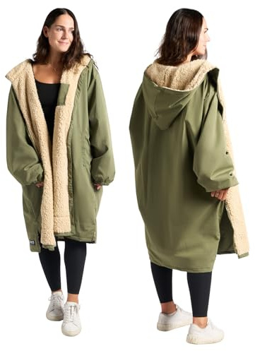 OHS Waterproof Coat Womens, Camouflage Oversized Rain Coats for Women Men Lightweight Fleece Lining Changing Robe with Hood & Pockets Breathable Drying Robe for Outdoor Travel, Khaki/Beige - L/XL